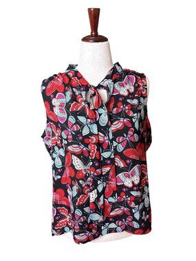 Tommy Hilfiger Sleeveless Top Butterfly Print Keyhole Neck Lightweight Womens XL
